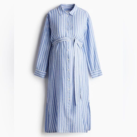 H&M Maternity Premium Selection Linen Blend Belted Dress New - Picture 2 of 6